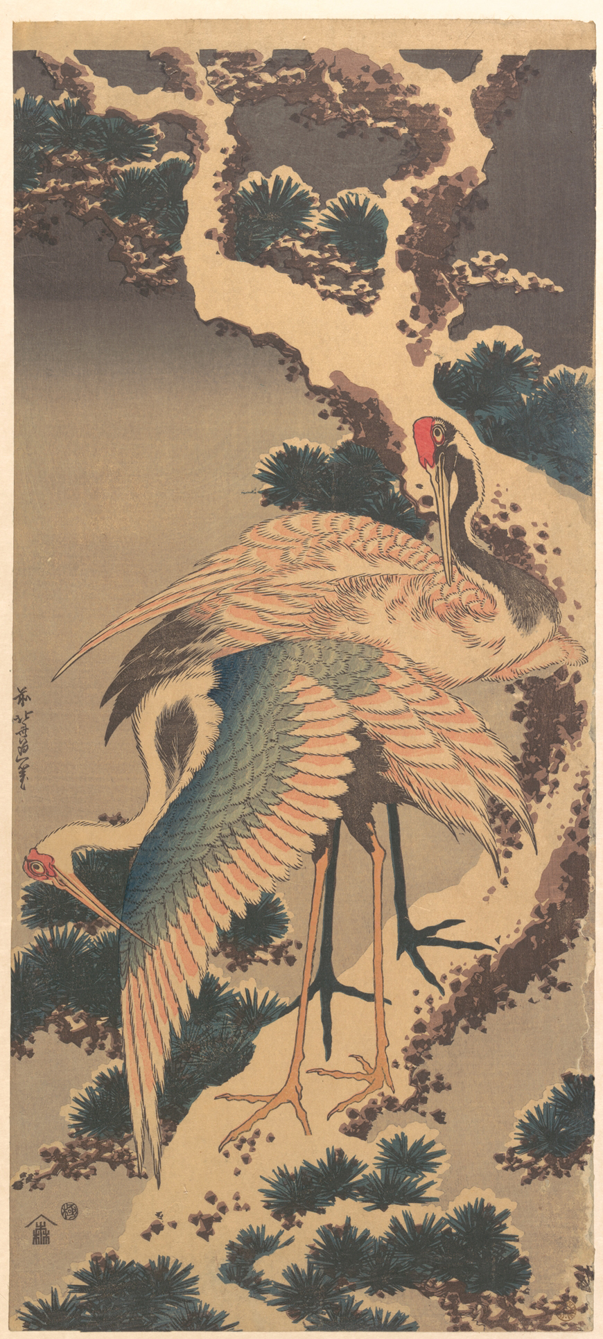 Hokusai cranes on snow-covered pine, fine Japanese woodblock detail