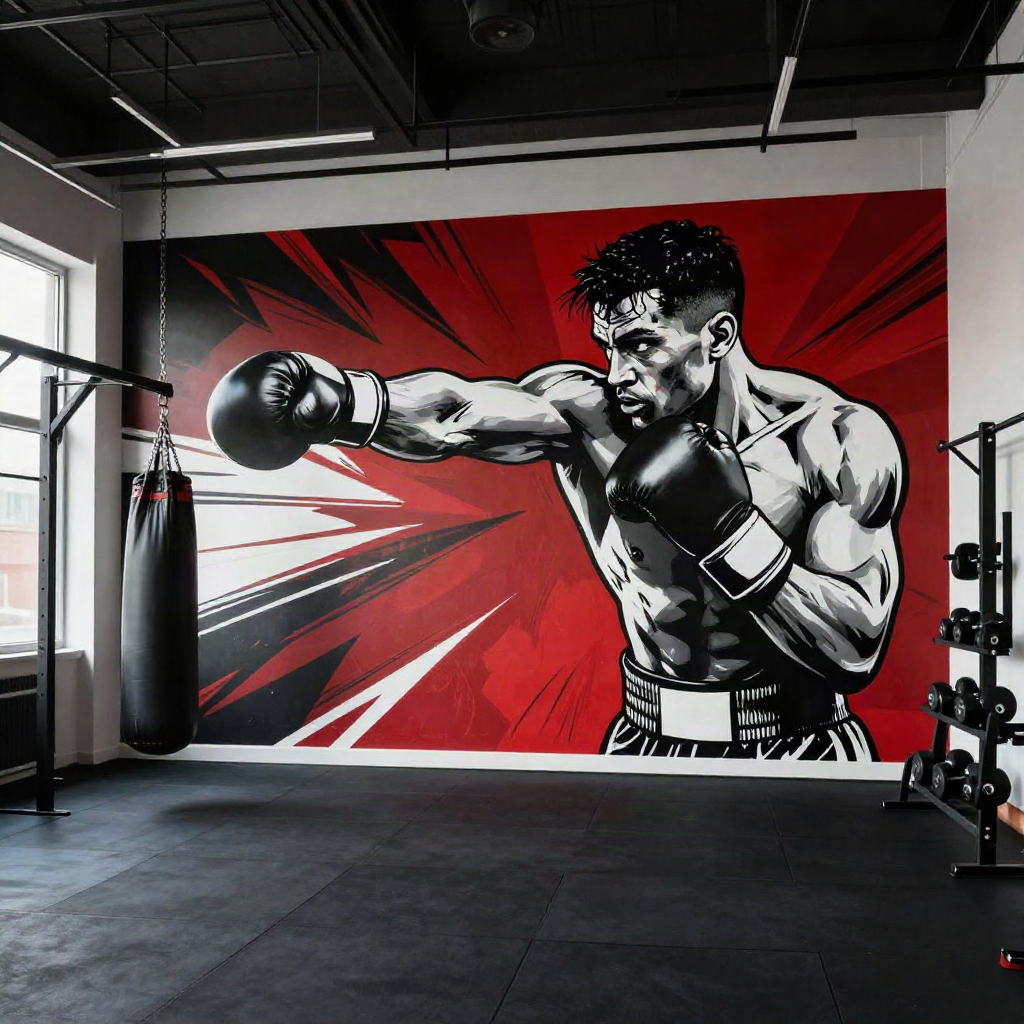 Boxing gym with a bold red and black boxer mural across one wall