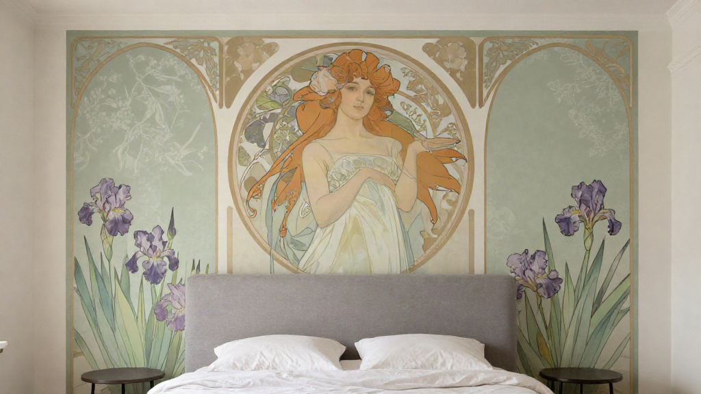 Bedroom with an Art Nouveau woman mural behind the bed