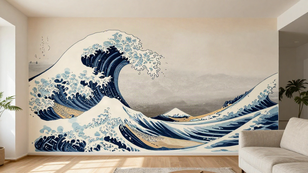 Living room with a Japanese wave mural across one wall, bare wall visible above